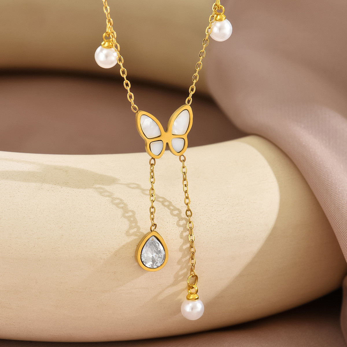 Gold Butterfly Pearl Necklace