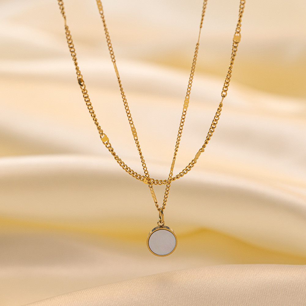 Double-Layer Gold Necklace with Mother of Pearl Pendant
