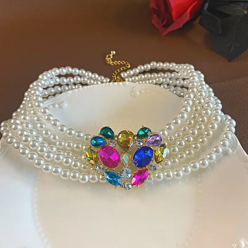 Multicolor Gem Pearl Choker Necklace