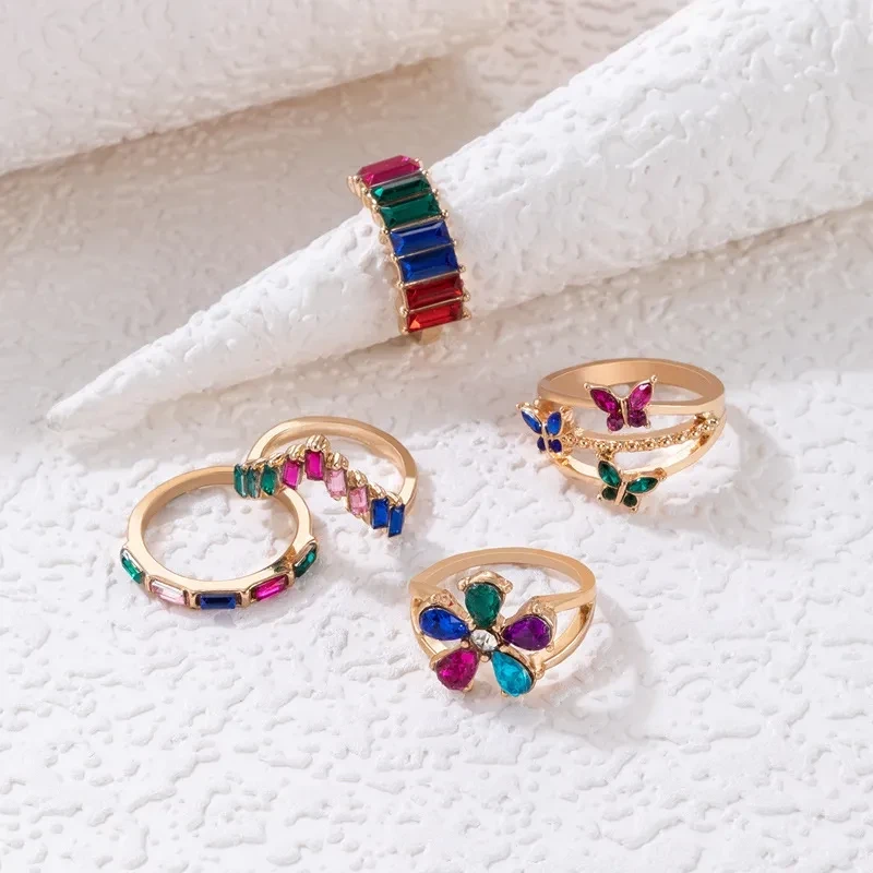 5 Piece Multicolor Butterfly Ring Set