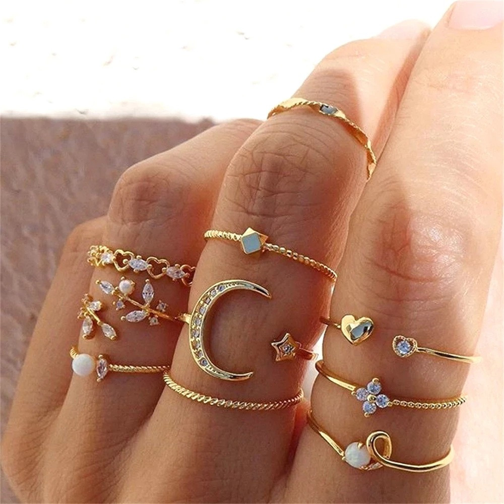 Moon & Floral Gold Rings